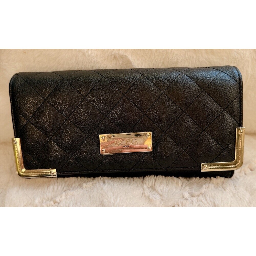 BCBG WOMEN'S BLACK QUILTED LEATHER WALLET TRIFOLD GOLD